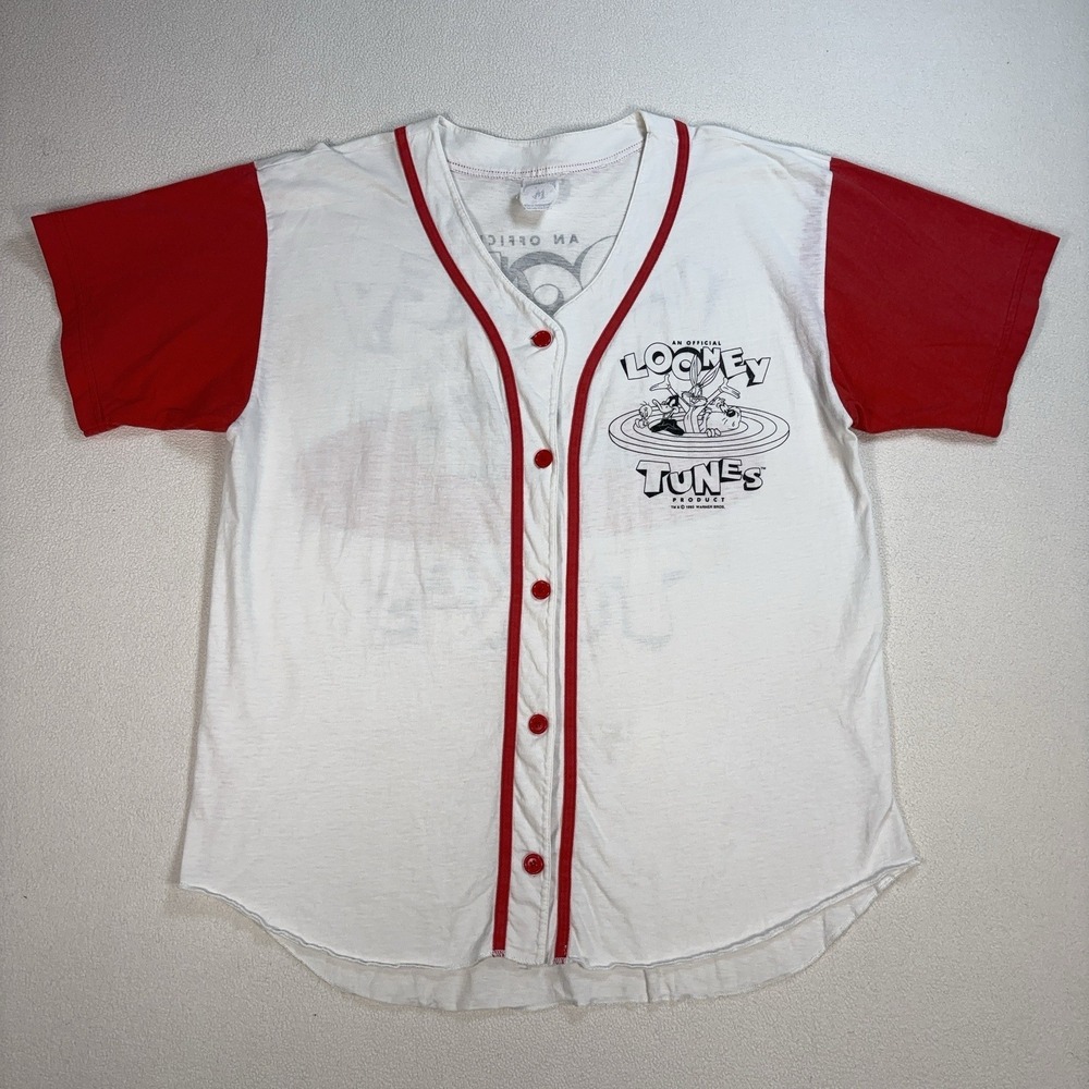 VTG Looney Tunes Baseball Shirt Men's M White Red 1993 100% Cotton Graphic Print